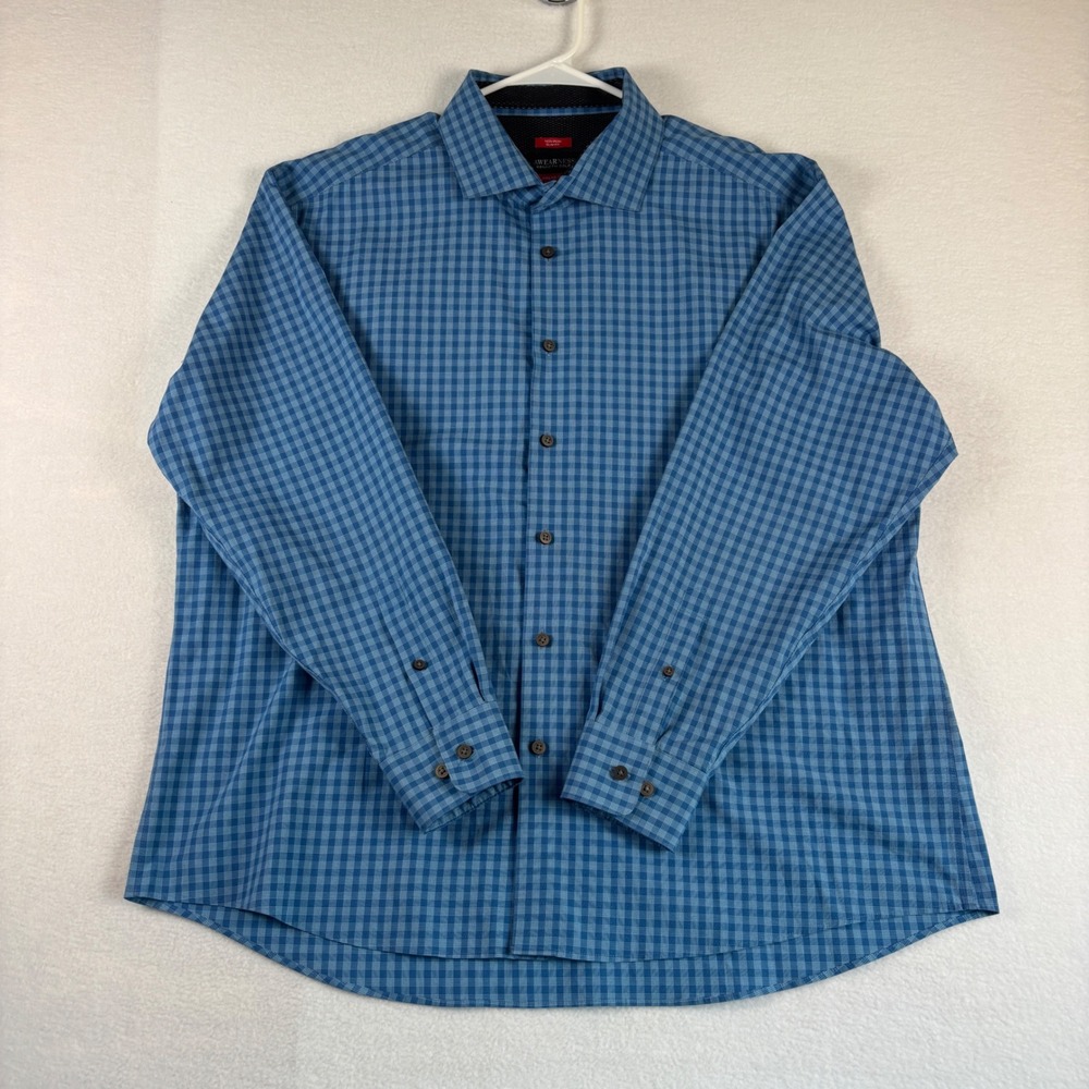 Awearness Kenneth Cole Mens 18.5 34/35 Slim Fit Non-Iron‎ Dress Shirt Blue Check